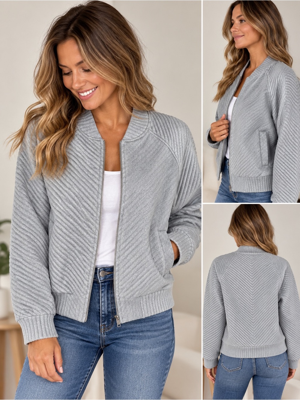 Liverpool Light Gray Quilted Bomber Jacket